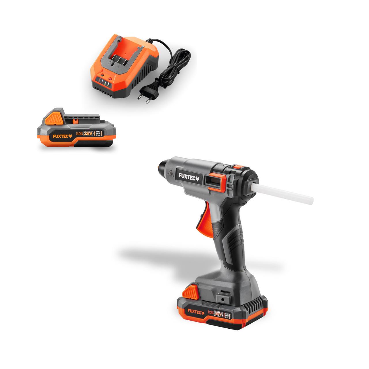 FUXTEC 20V akumulátorová tavná lepicí pistole FX-E1GG20 SET - s 1x akumulátorem 2Ah, 1x nabíjeckou 2,4A