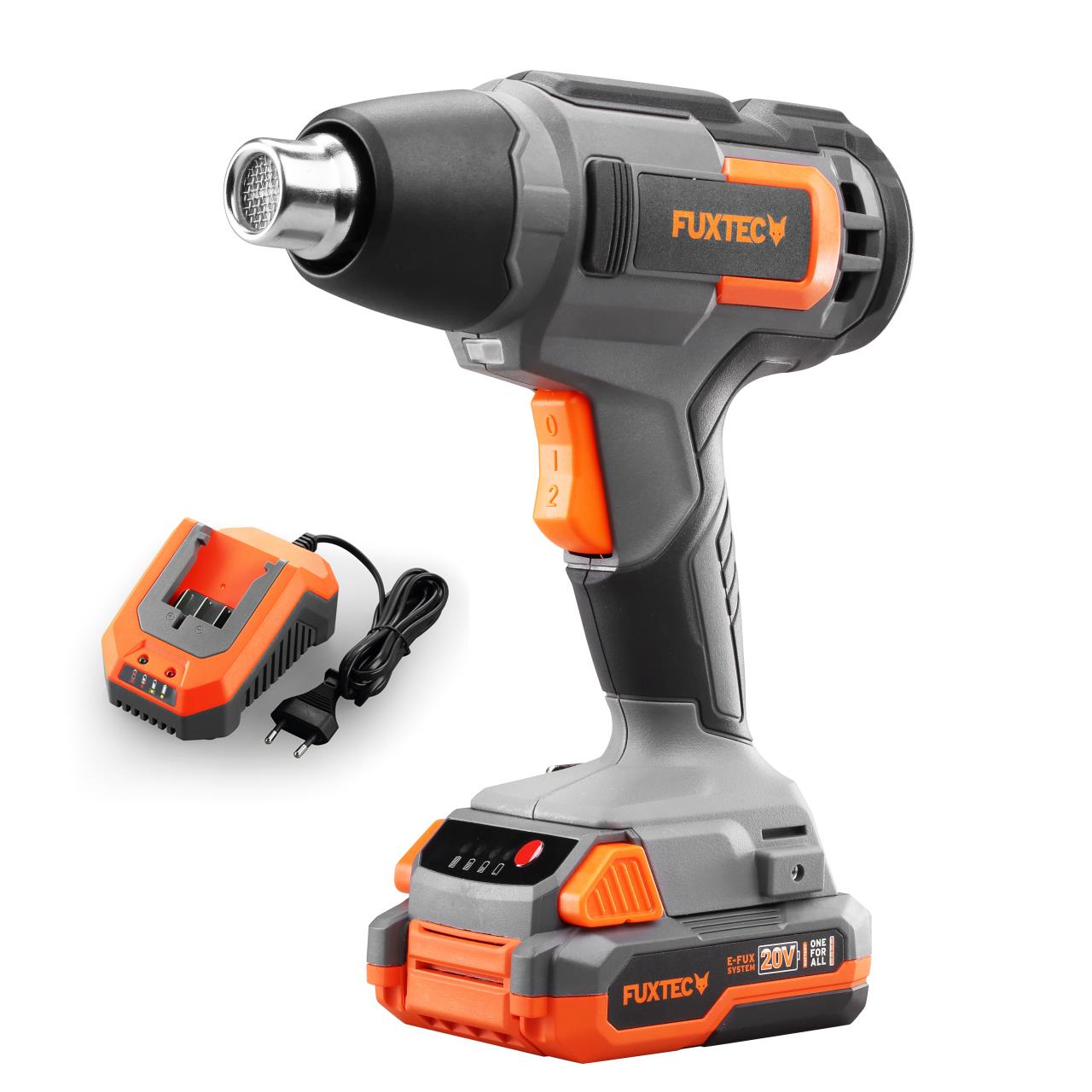 20V akumulátorová horkovzdušná pistole FX-E1HLP20 FUXTEC - s 2Ah baterií a 2,4A nabíjeckou